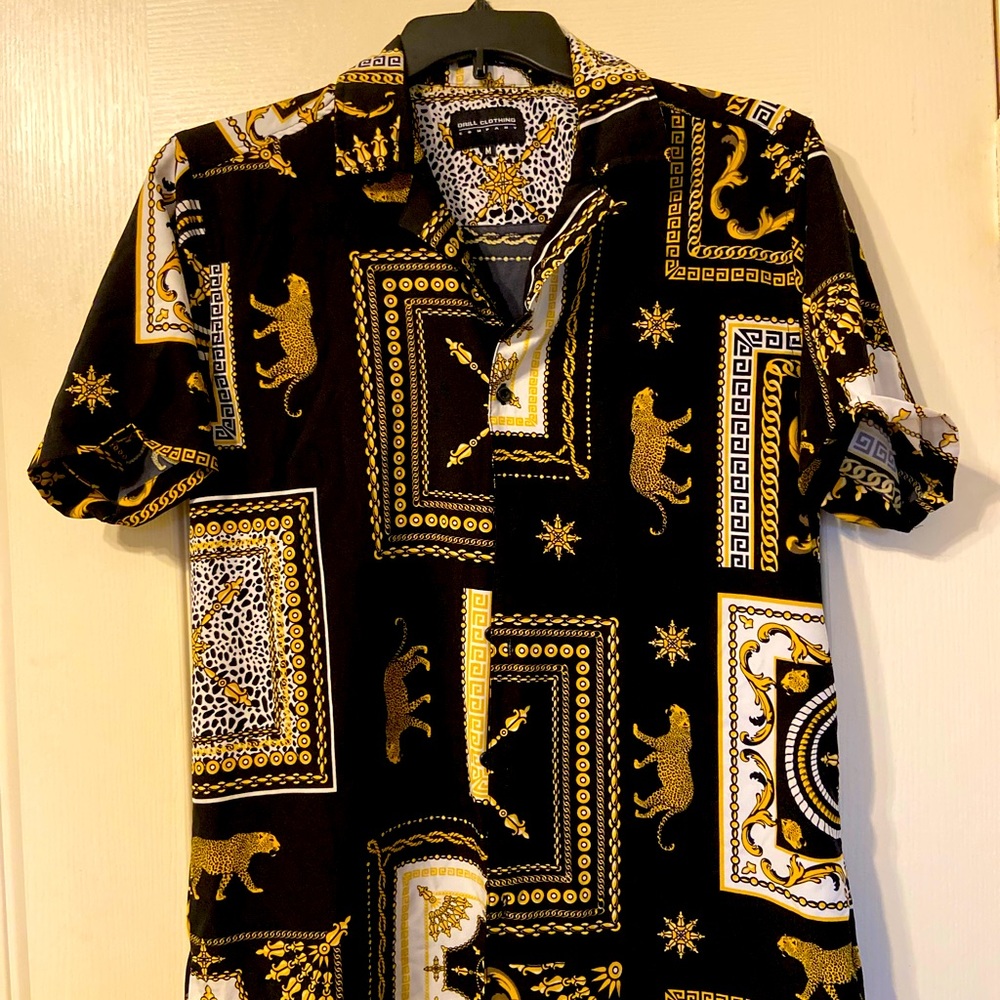 Black and gold button down with tiger print